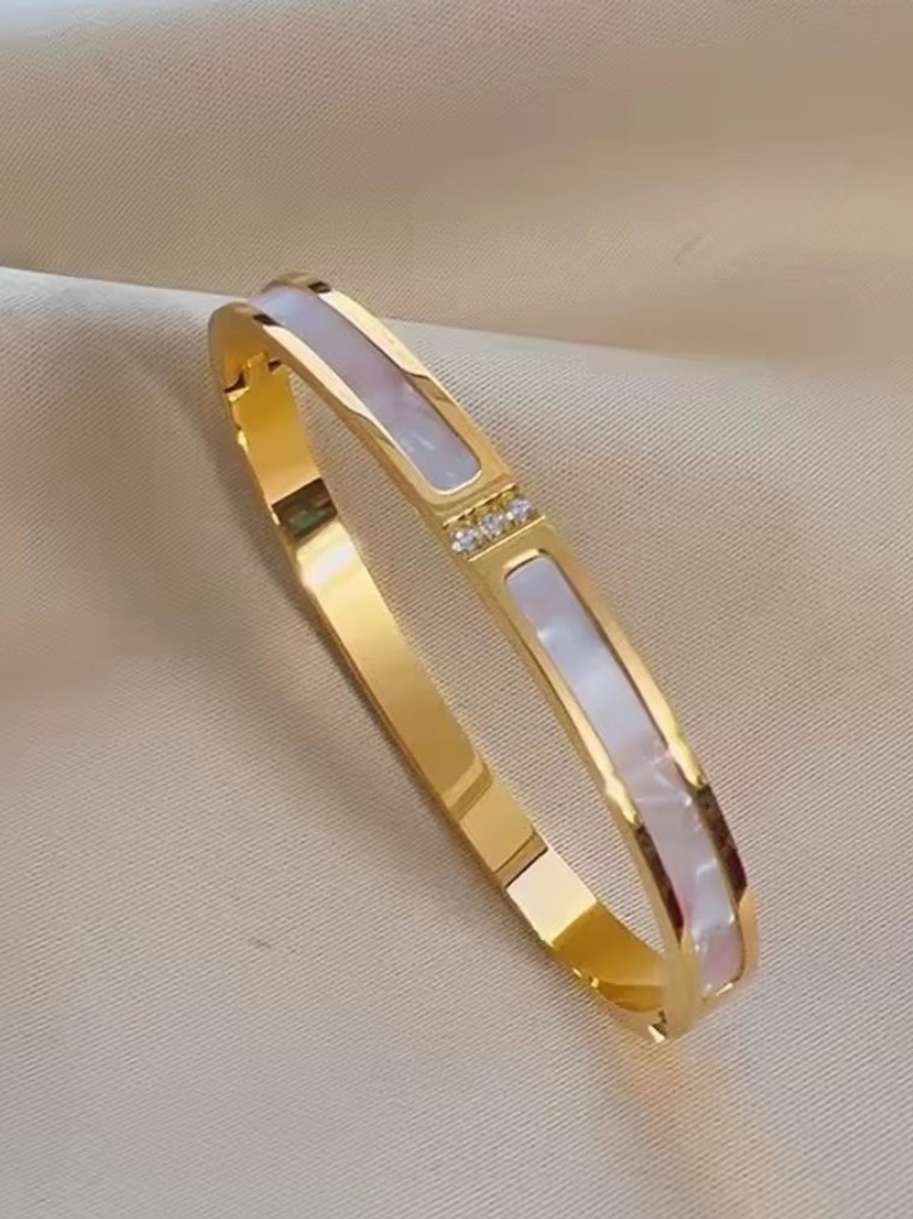 Gold Bracelet with Pink Mother-of-Pearl Inlay and Crystal Accent